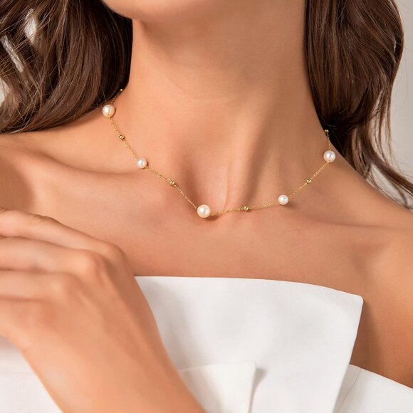 Gold Pearl Choker Necklace Dainty Beaded Chain Elegant Jewelry for Women Wedding - Picture 2 of 7